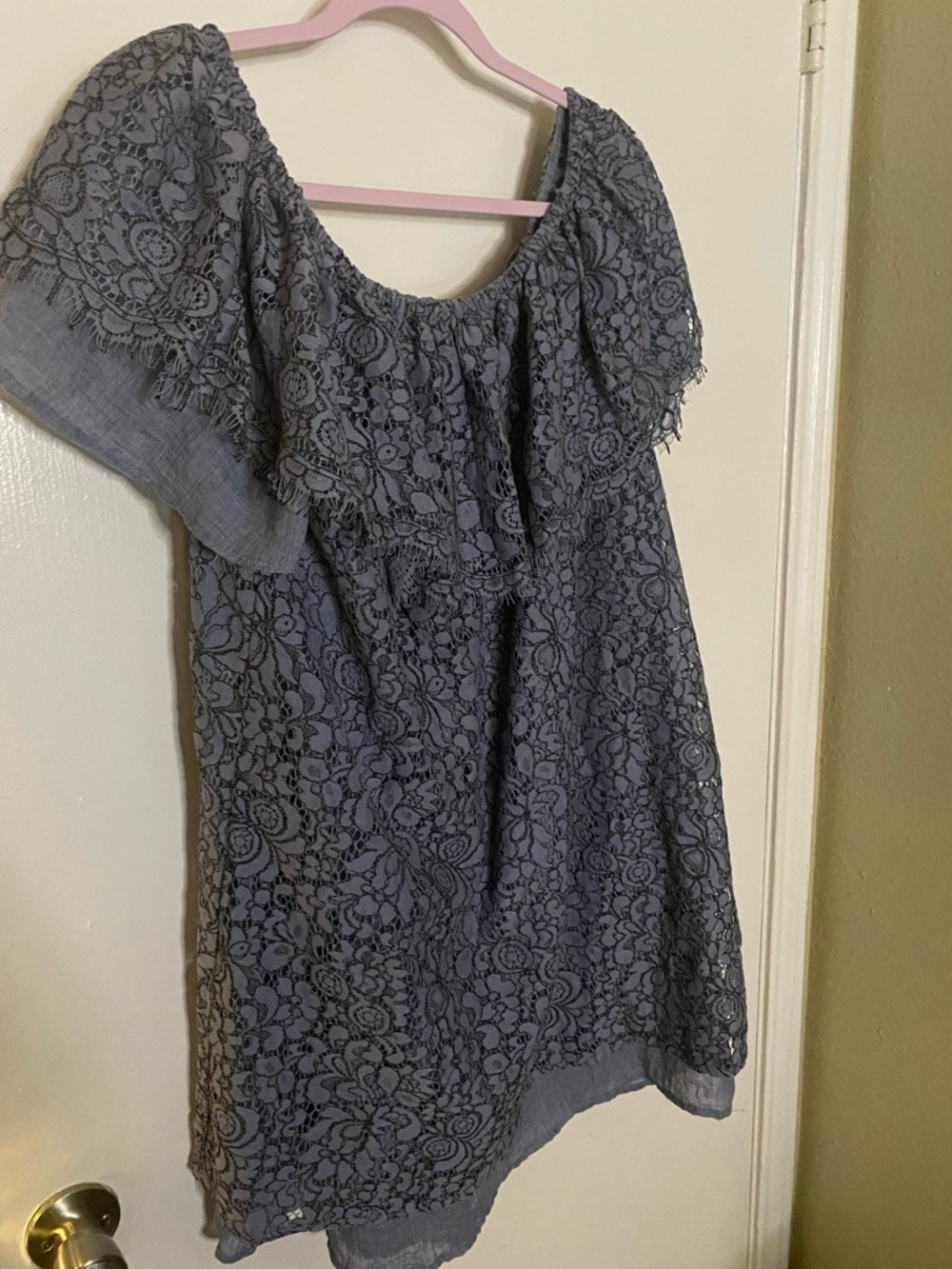 Umgee Lace Overlay Off-Shoulder Dress in Dusty Blue